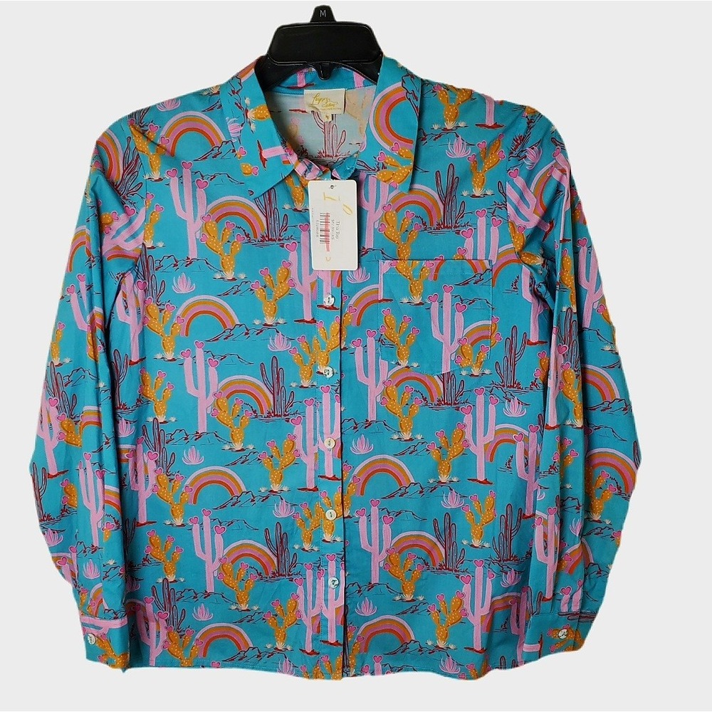Layerz Clothing NWT Tina Top Teal Blue Cotton Cactus Rainbow Button Down Shirt
